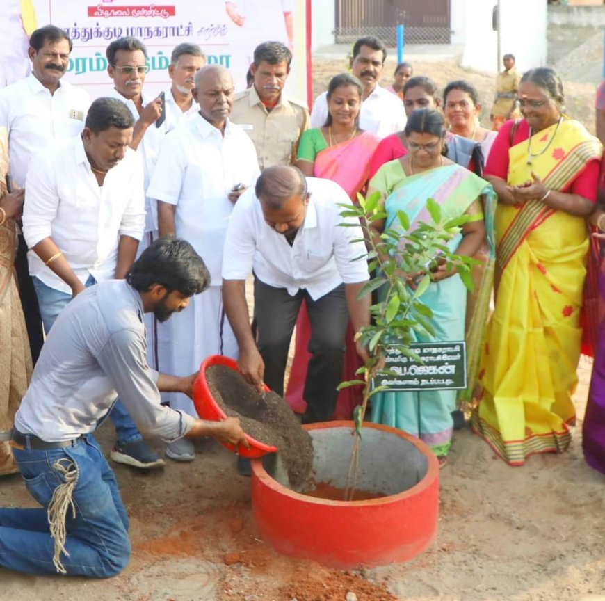 தூத்துக்குடியில் முத்தமிழ் அறிஞர் கலைஞரின் 100 வது பிறந்த நாள்- தூத்துக்குடி மாநகராட்சி சார்பில் மரக்கன்றுகள் நடும் நிகழ்ச்சி மேயர் ஜெகன் பெரியசாமி கலந்து கொண்டு மரக்கன்றுகளை நட்டினார்.