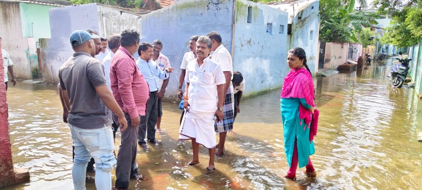 மழைநீர் தேங்கிய பகுதிகளில் மழை நீரை வெளியேற்றும் பணி - சண்முகையா எம்எல்ஏ பார்வையிட்டார்.